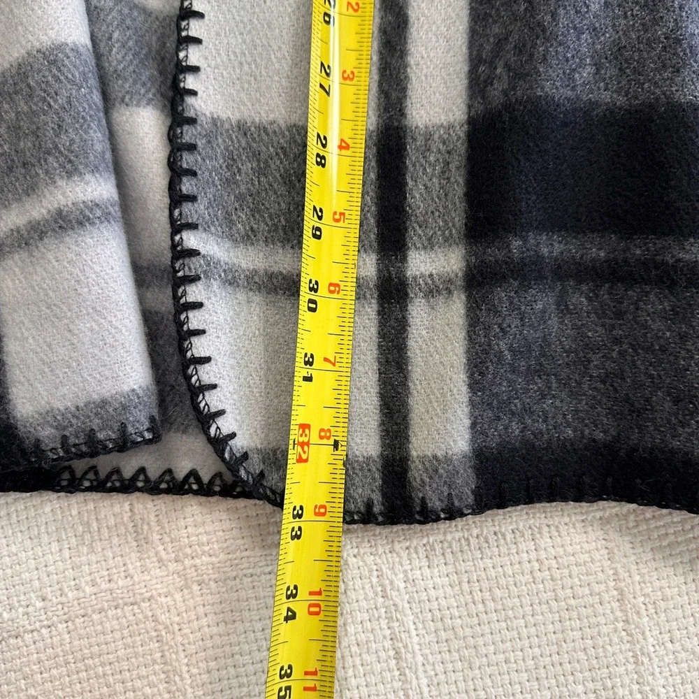 Woolrich Plaid Poncho Wrap Black Grey White Blanket Stitch OS Cabincore Cozy